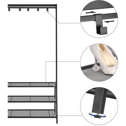 Nancy's Garderoberek met Kapstok Zwart - Schoenenrek 5 Haken en 3 Planken - IJzer - Nancy HomeStore