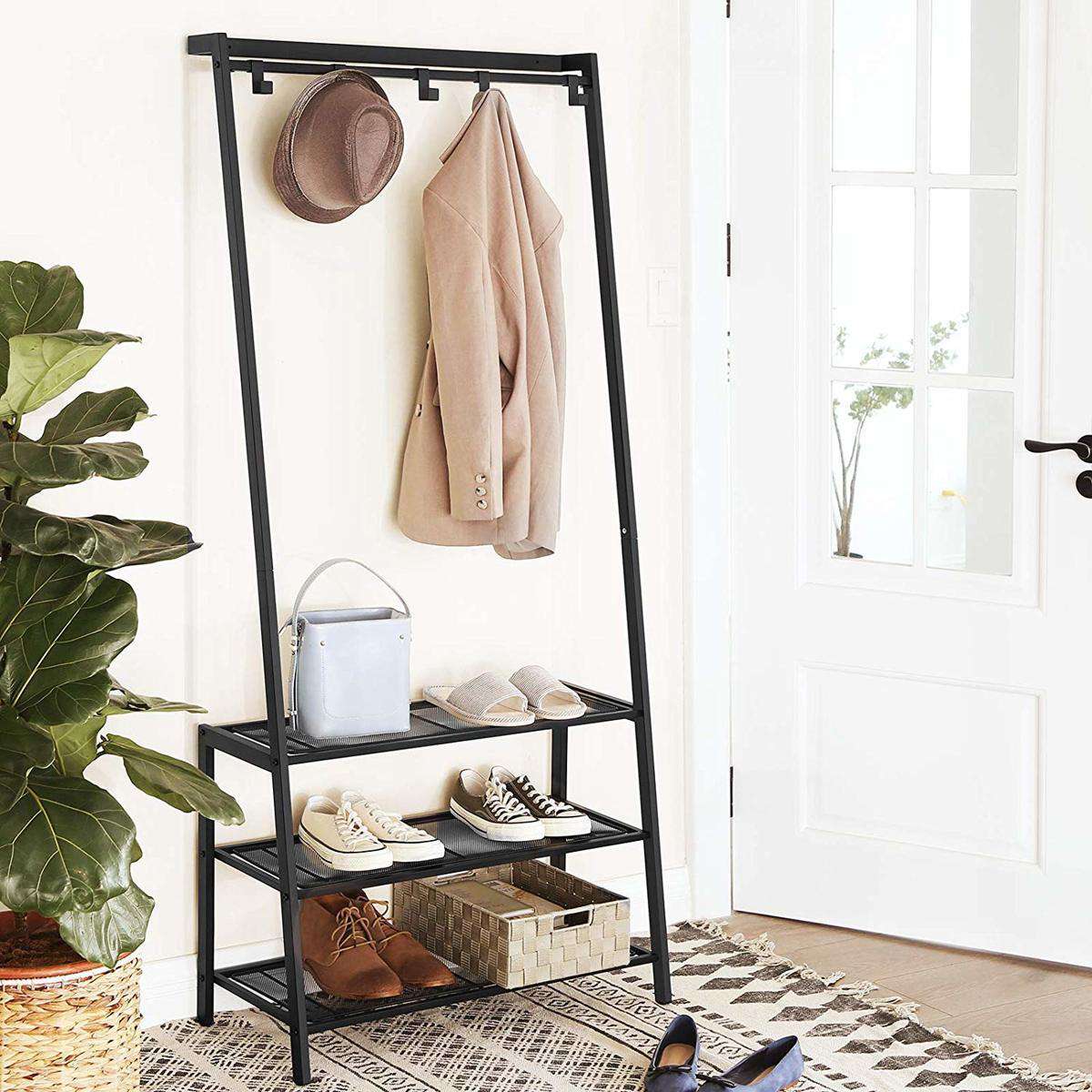 Nancy's Garderoberek met Kapstok Zwart - Schoenenrek 5 Haken en 3 Planken - IJzer - Nancy HomeStore