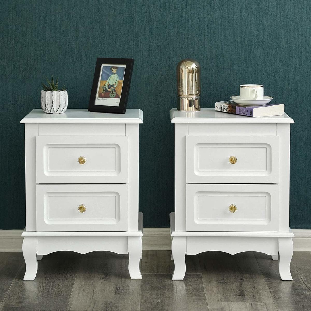 Nancy's Bannockburn Bedside Tables Set of 2 with 2 Drawers, Transparent Handles with Solid Pine Legs