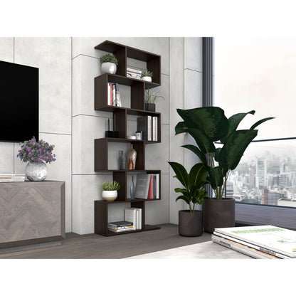 Nancy's Bexley Boekenkast - Open Kast - 6 Vakken - Bewerkt Hout - MDF - Zwart - Bruin - 70 x 23.5 x 190.5 cm
