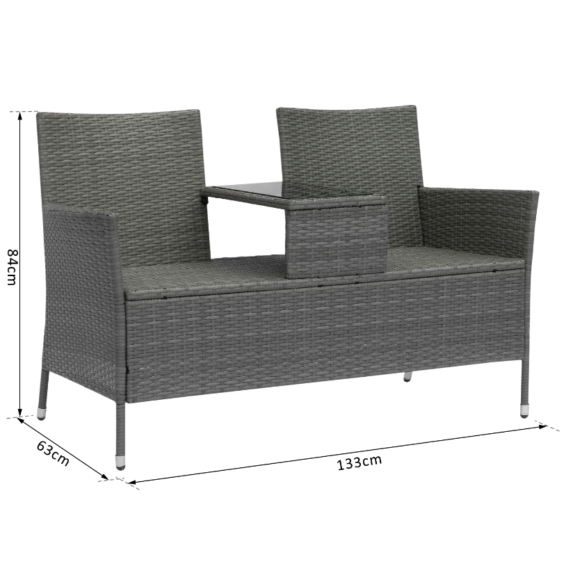 Nancy's El Mirage Garden Bench - Garden Chairs - 2-Seater Bench - Table - Polyrattan - Braided - Wickerwork - Steel - Gray - 133 x 63 x 84 cm