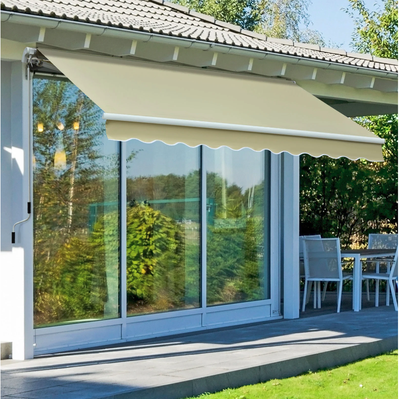 Auvent Nancy's Stow - Protection solaire - Manivelle - Balcon - Beige/Vert-Blanc - Abat-jour - Mural - Aluminium - Polyester - 3 x 2,5 m