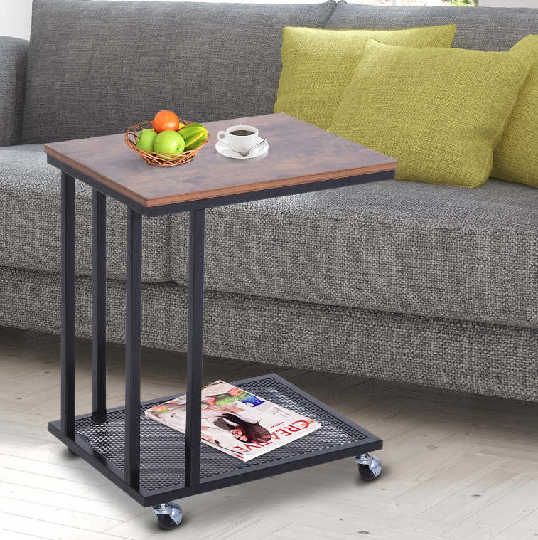 Nancy's Fallbrook Bijzettafel - Op Wieltjes - Opbergplank - Staal - MDF - Zwart / Bruin - ± 50 x 35 x 60 cm 51 x 36 x 61 cm