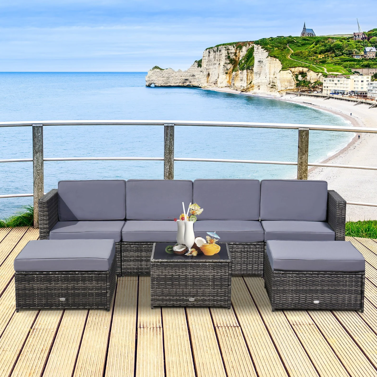 Nancy's Hutto Tuinset - Loungeset - Tuinmeubels - 7-Delig - Zitkussens - Tafel - Veiligheidsglas - Polyrotan - Grijs
