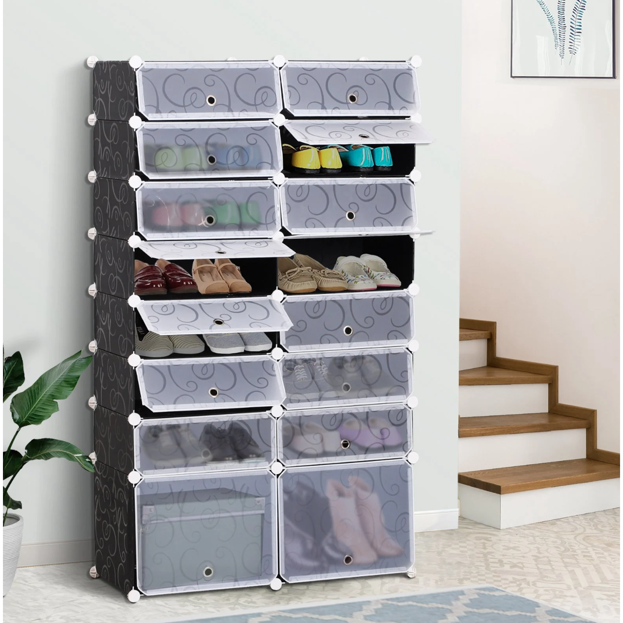 Nancy's Huntley Schoenenkast - Schoenenrek - Organizer - Vakkenkast - 16 Kubussen - Zwart / Wit - PP - ± 95 x 40 x 160 cm