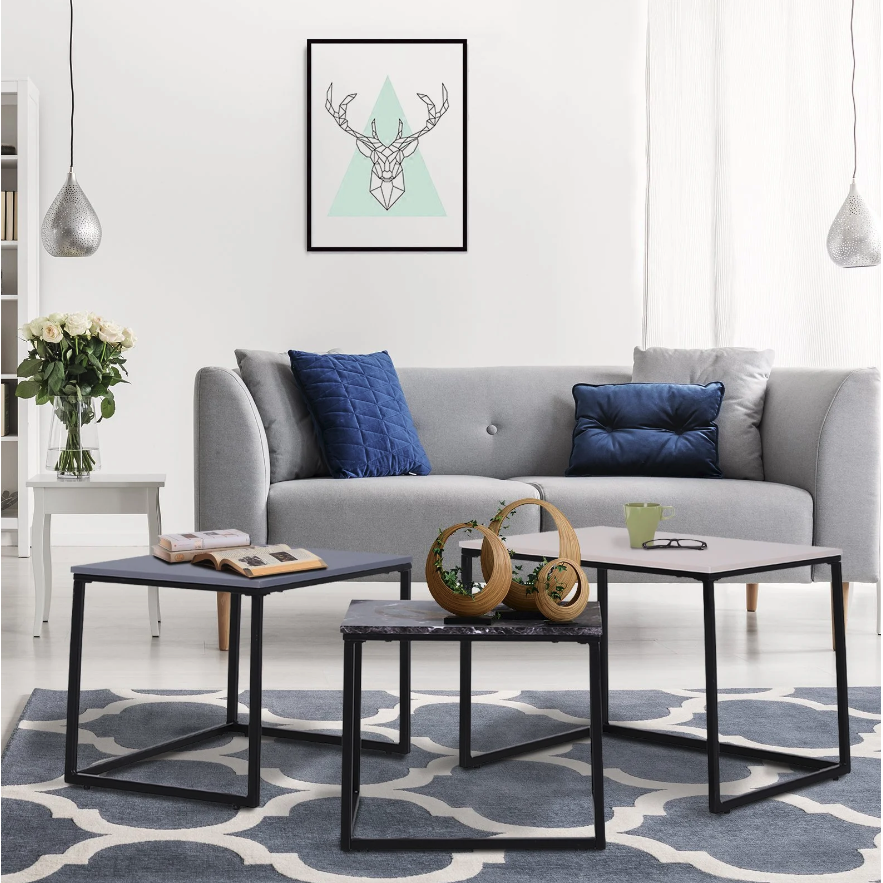 Nancy's Magna Salontafels - Set Van 3 - Bijzettafels - Koffietafels - Wit / Grijs / Zwart Marmer