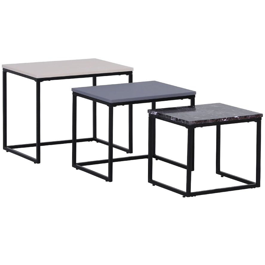 Nancy's Magna Salontafels - Set Van 3 - Bijzettafels - Koffietafels - Wit / Grijs / Zwart Marmer