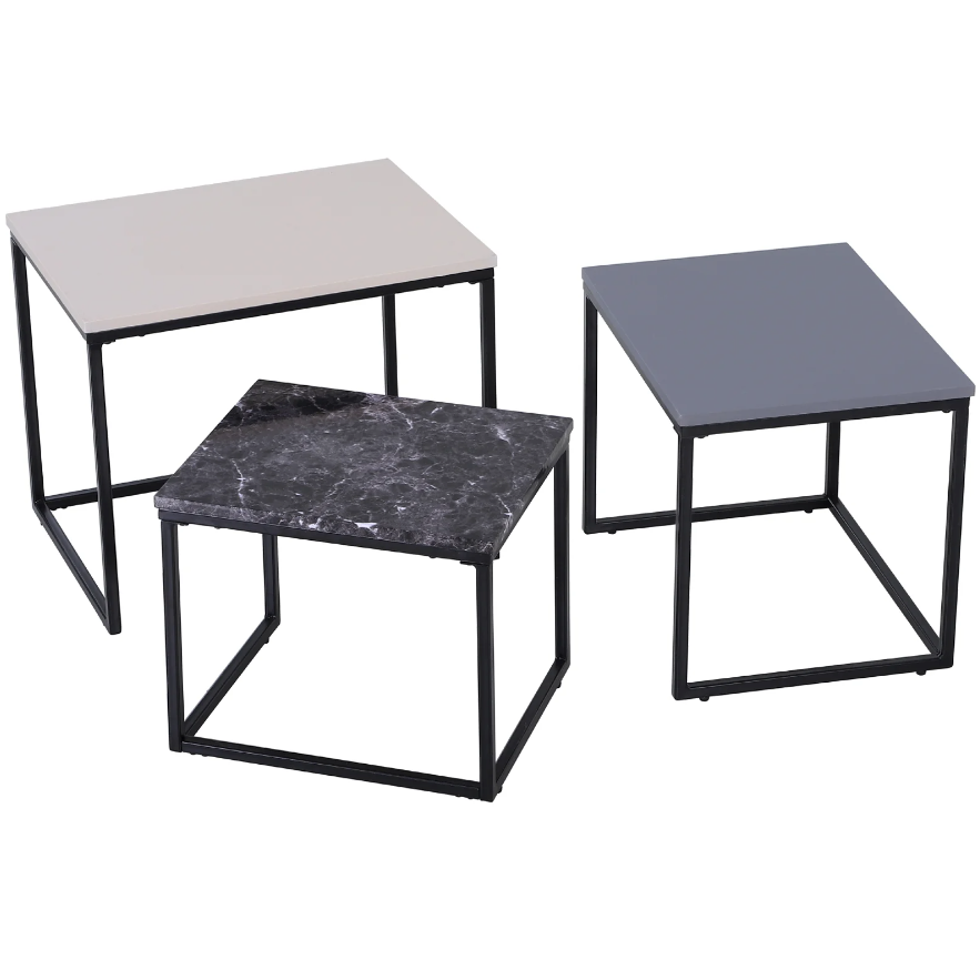 Nancy's Magna Salontafels - Set Van 3 - Bijzettafels - Koffietafels - Wit / Grijs / Zwart Marmer