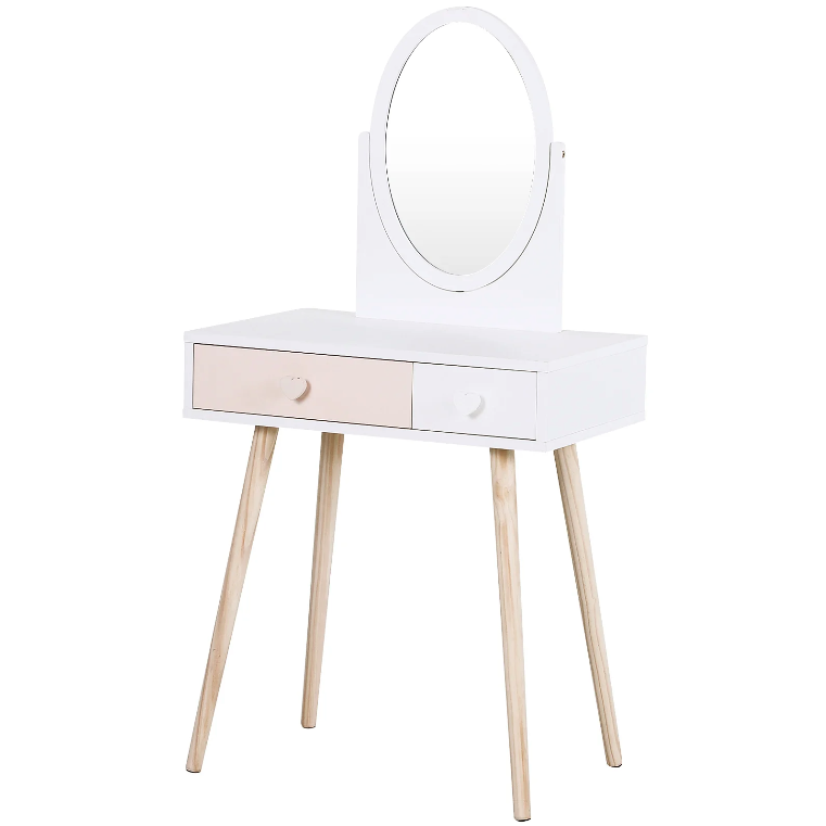 Coiffeuse pour enfants Nancy's Pelham - Pour enfants - Coiffeuse - Bureau - Miroir - 2 tiroirs - Bois massif - Rose - Blanc - 69 x 49 x 136 cm 