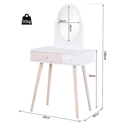 Coiffeuse pour enfants Nancy's Pelham - Pour enfants - Coiffeuse - Bureau - Miroir - 2 tiroirs - Bois massif - Rose - Blanc - 69 x 49 x 136 cm 