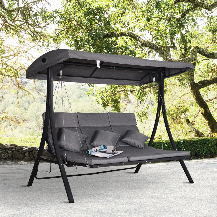 Nancy's Lincolnia Swing Bench - 3-Seater - Garden Swing - Bench - Covered - Roof - Steel - Black/Gray - 200 x 115 x 168 cm