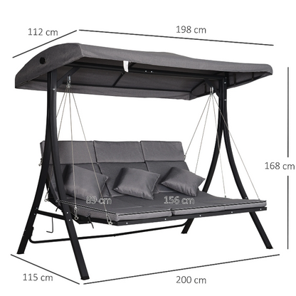 Nancy's Lincolnia Swing Bench - 3-Seater - Garden Swing - Bench - Covered - Roof - Steel - Black/Gray - 200 x 115 x 168 cm