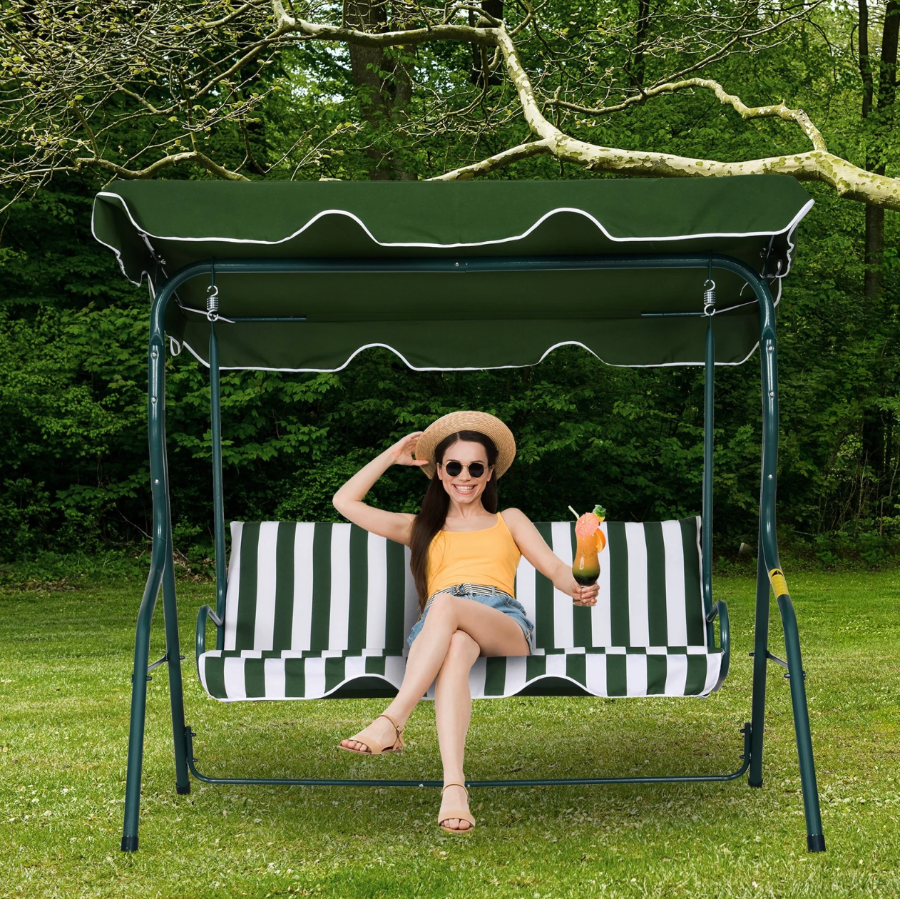 Nancy's Benbrook Garden Swing - Swing Bench - Auvent réglable - Métal - Vert - Blanc - Polyester - Mousse -