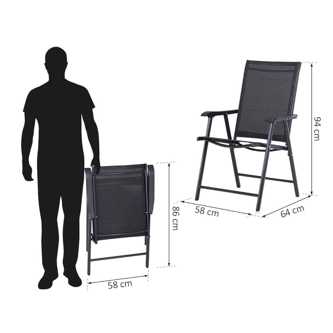 Nancy's Pace Tuinstoelen - Klapstoelen - Set Van 2 - Armleuningen - Campingstoel - Metaal - Zwart - 58 x 64 x 94 cm