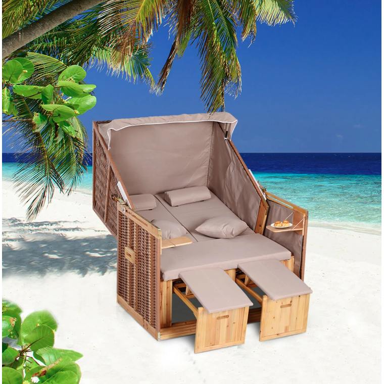 Nancy's Dolton Beach Chair - Lounge Chair - Deck Chair - Cup Holders - Footrest - Canopy - Adjustable Backrest - Rattan - Brown - Metal - Wood - 118 x 79 x 150 cm