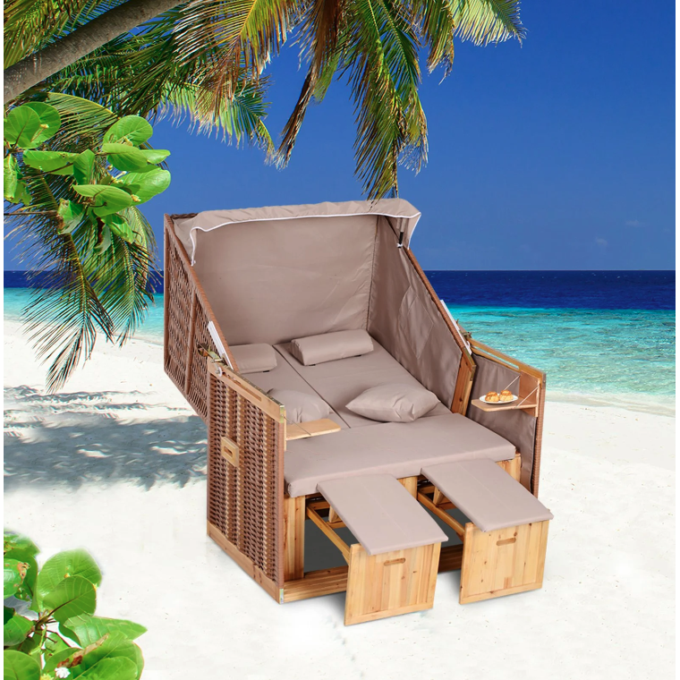 Nancy's Dolton Beach Chair - Chaise longue - Chaise longue - Porte-gobelets - Repose-pieds - Auvent - Dossier réglable - Rotin - Marron - Métal - Bois - 118 x 79 x 150 cm