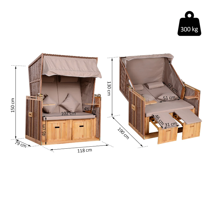 Nancy's Dolton Loungebed - Strandstoel - Loungestoel - Ligstoel - 2 Persoons - Beige