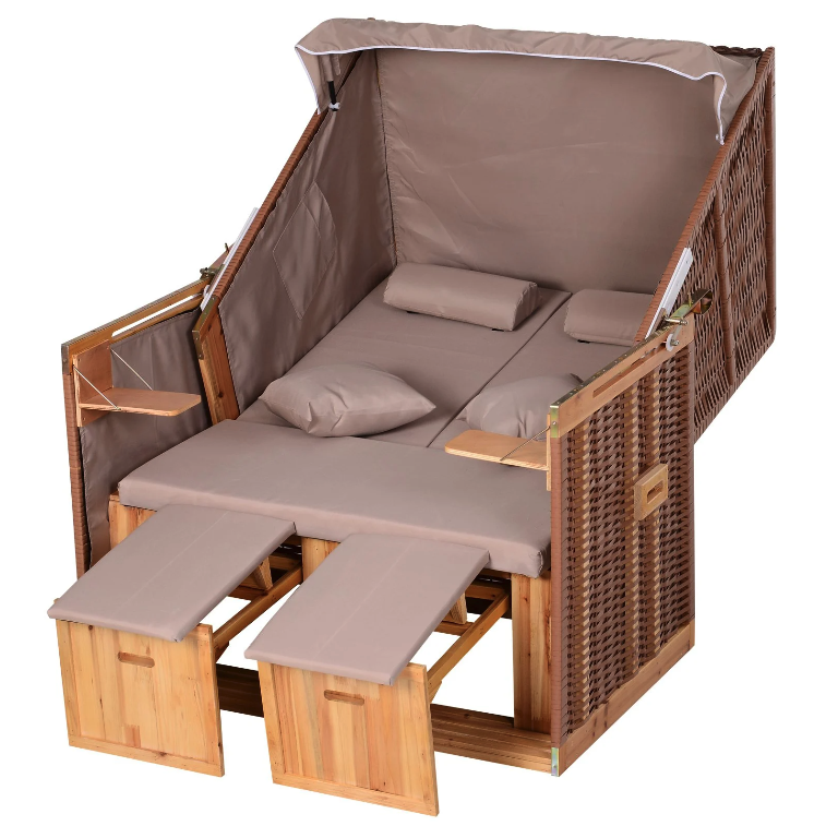 Nancy's Dolton Beach Chair - Lounge Chair - Deck Chair - Cup Holders - Footrest - Canopy - Adjustable Backrest - Rattan - Brown - Metal - Wood - 118 x 79 x 150 cm