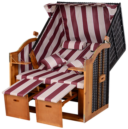 Nancy's Brent Beach Chair - Chaise longue - Chaise longue - Porte-gobelets - Repose-pieds - Auvent - Dossier réglable - Rotin - Rouge - Blanc - Métal - Bois - 118 x 79 x 150 cm