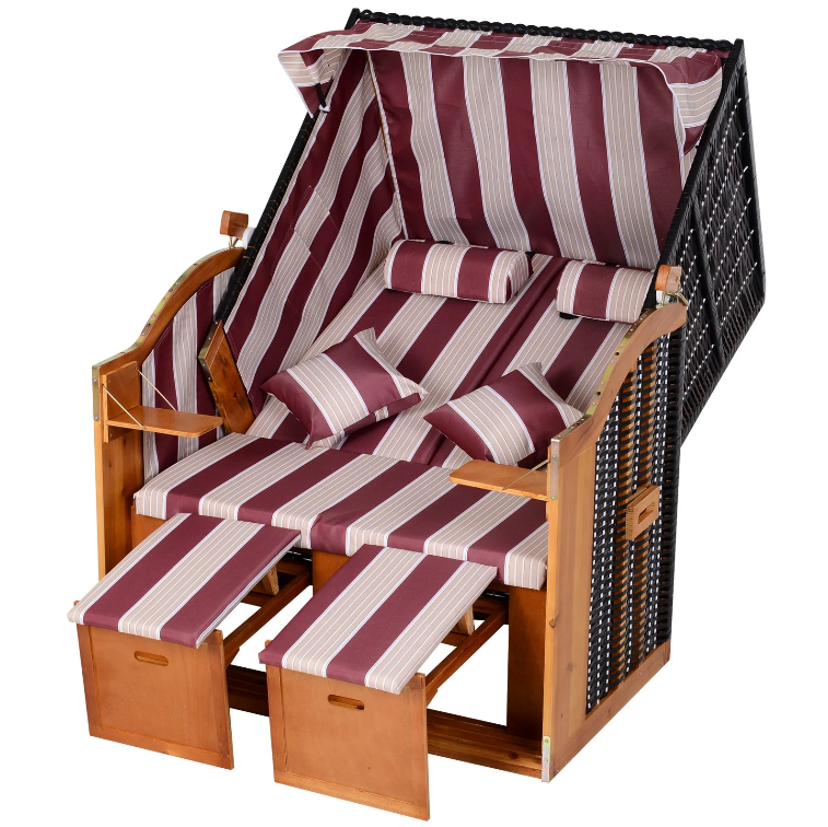Nancy's Brent Beach Chair - Lounge Chair - Deck Chair - Cup Holders - Footrest - Canopy - Adjustable Backrest - Rattan - Red - White - Metal - Wood