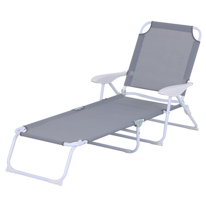 Nancy's Sequim Lounger - Chaise longue - Chaise de plage - Pliable - 4 couches - Accoudoir - Maille - Tissu - Gris - 160 x 66 x 80 cm