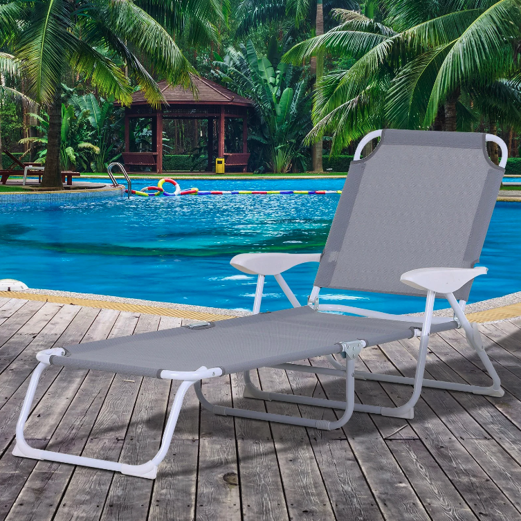 Nancy's Sequim Lounger - Lounge chair - Beach chair - Foldable - 4-Layer - Armrest - Mesh - Fabric - Gray - 160 x 66 x 80 cm