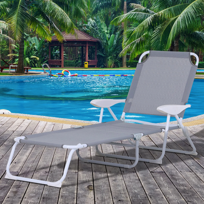 Nancy's Sequim Ligstoel - Loungestoel - Strandstoel - Opvouwbaar - 4-Laags - Armleuning - Mesh - Stof - Grijs - 160 x 66 x 80 cm