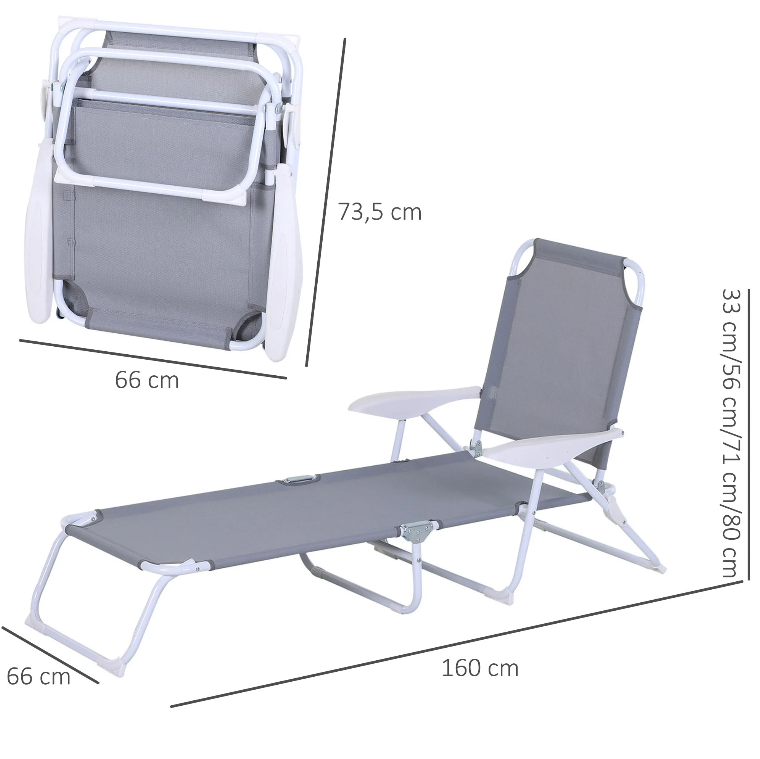 Nancy's Sequim Ligstoel - Loungestoel - Strandstoel - Opvouwbaar - 4-Laags - Armleuning - Mesh - Stof - Grijs - 160 x 66 x 80 cm