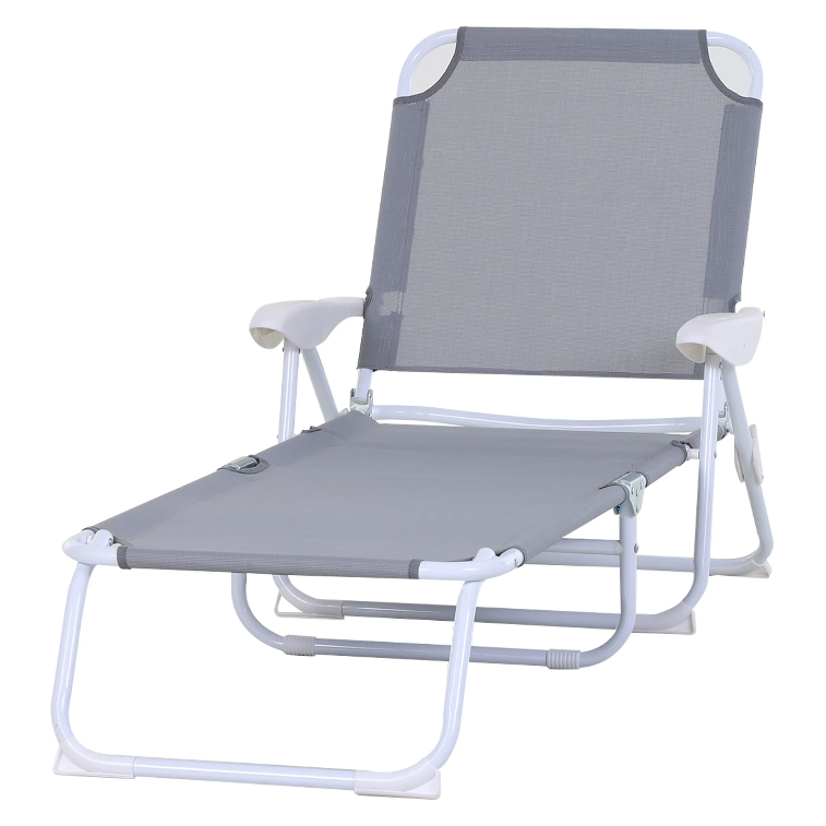 Nancy's Sequim Lounger - Chaise longue - Chaise de plage - Pliable - 4 couches - Accoudoir - Maille - Tissu - Gris - 160 x 66 x 80 cm