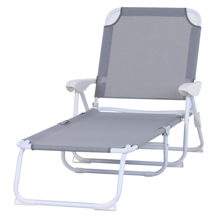 Nancy's Sequim Ligstoel - Loungestoel - Strandstoel - Opvouwbaar - 4-Laags - Armleuning - Mesh - Stof - Grijs - 160 x 66 x 80 cm