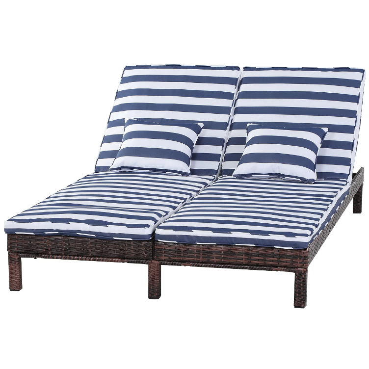 Nancy's Raymore Lounger - Lit lounge - Chaise longue - 2 personnes - 5 couches - Métal - Bleu - Blanc - Rotin - Marron - 195 x 120 x 28 cm