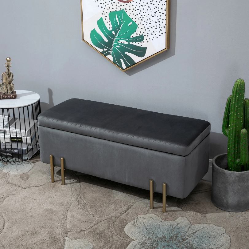 Nancy's Allendale Hocker - Voetenbank - Kruk - Opbergruimte - Gestoffeerd - Donkergrijs - ± 100 x 40 x 40 cm
