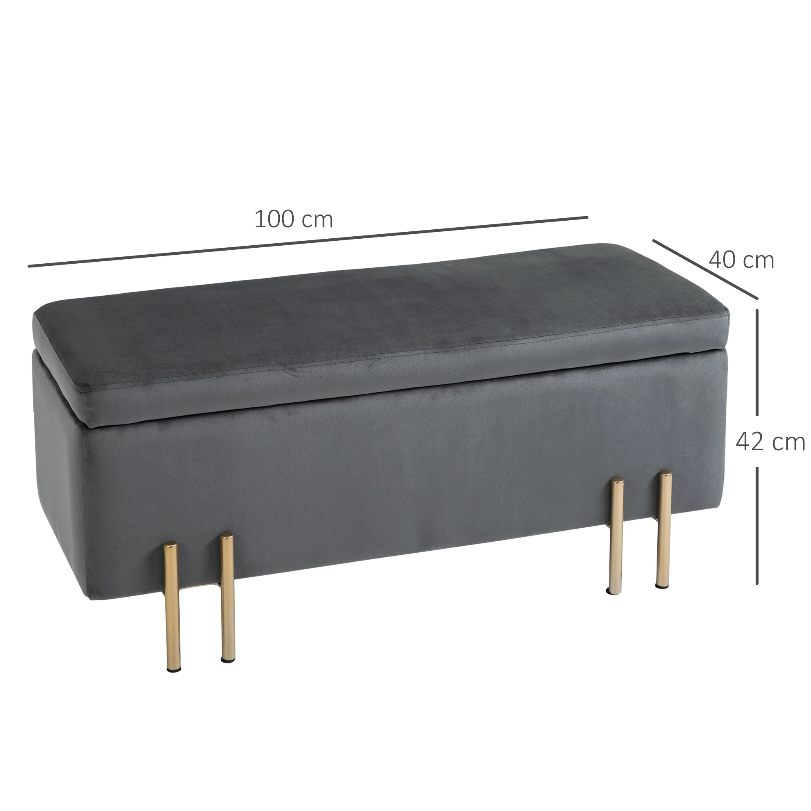 Nancy's Allendale Hocker - Voetenbank - Kruk - Opbergruimte - Gestoffeerd - Donkergrijs - ± 100 x 40 x 40 cm
