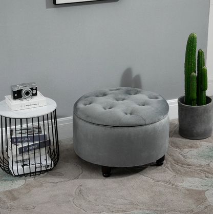 Nancy's Fernley Hocker - Poef - Voetensteun - Kruk - Opbergruimte - Polyester - Hout - Donkergrijs - 61 x 61 x 41.5 cm