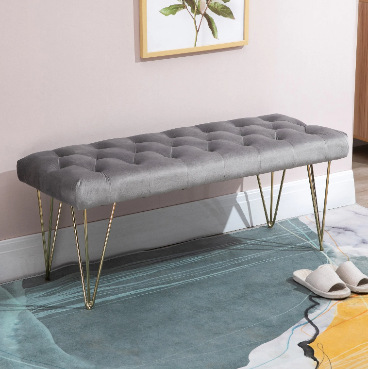 Nancy's East Ridge Zitbank - Eetkamerbank - Gestoffeerde Bank - Fluweel - Staal - Grijs - ± 115 x 45 x 50 cm