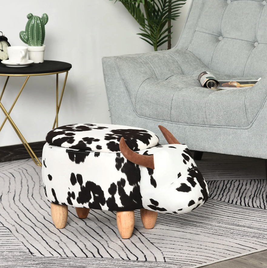 Nancy's Milwaukee Hocker - Poef - Koe - Voor Kinderen - Opbergruimte - Zwart / Wit - Stof - Rubberhout - ± 60 x 35 x 35 cm