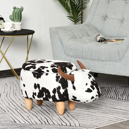 Nancy's Milwaukee Hocker - Poef - Koe - Voor Kinderen - Opbergruimte - Zwart / Wit - Stof - Rubberhout - ± 60 x 35 x 35 cm