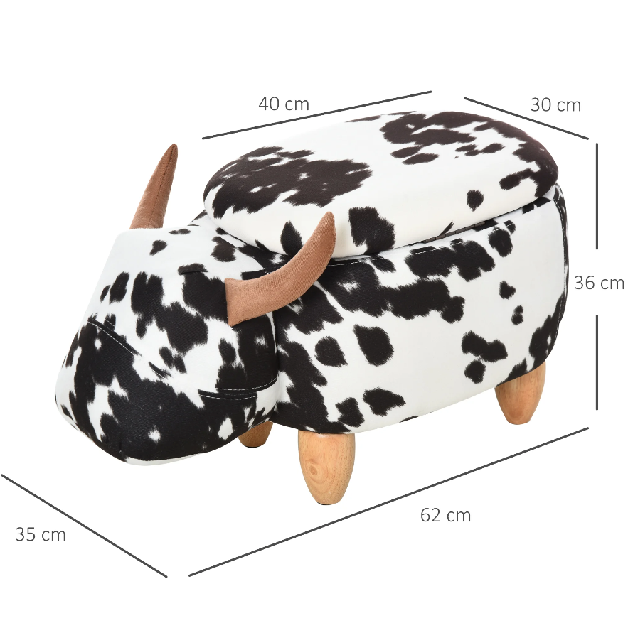 Nancy's Milwaukee Hocker - Poef - Koe - Voor Kinderen - Opbergruimte - Zwart / Wit - Stof - Rubberhout - ± 60 x 35 x 35 cm