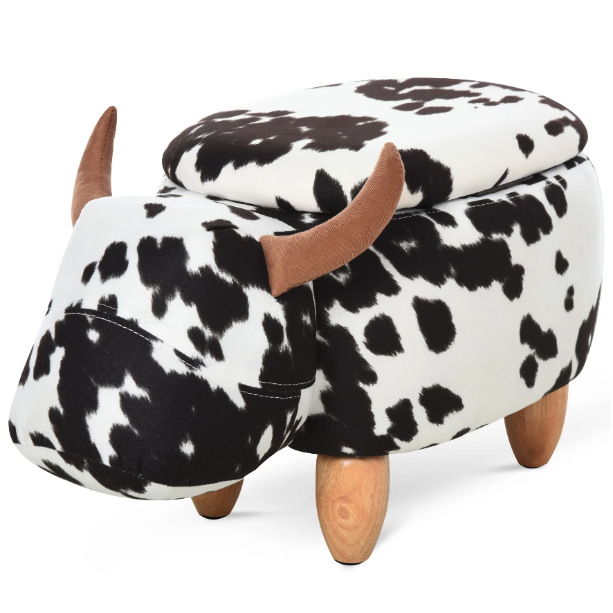 Nancy's Milwaukee Hocker - Poef - Koe - Voor Kinderen - Opbergruimte - Zwart / Wit - Stof - Rubberhout - ± 60 x 35 x 35 cm