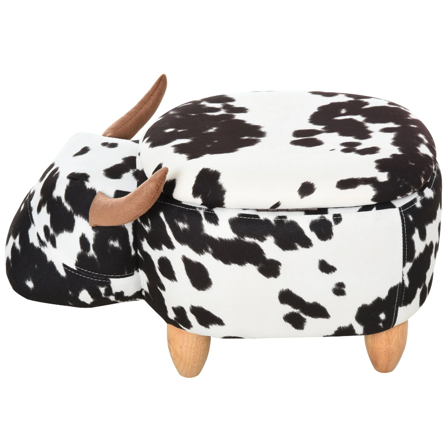 Nancy's Milwaukee Hocker - Poef - Koe - Voor Kinderen - Opbergruimte - Zwart / Wit - Stof - Rubberhout - ± 60 x 35 x 35 cm