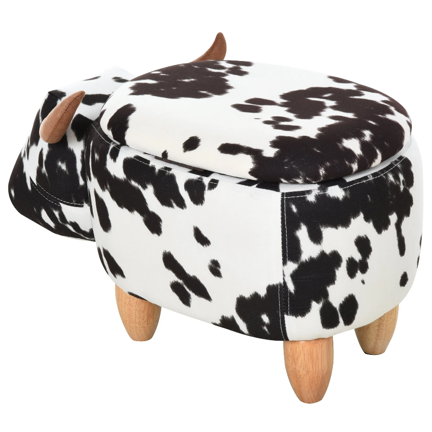 Nancy's Milwaukee Hocker - Poef - Koe - Voor Kinderen - Opbergruimte - Zwart / Wit - Stof - Rubberhout - ± 60 x 35 x 35 cm