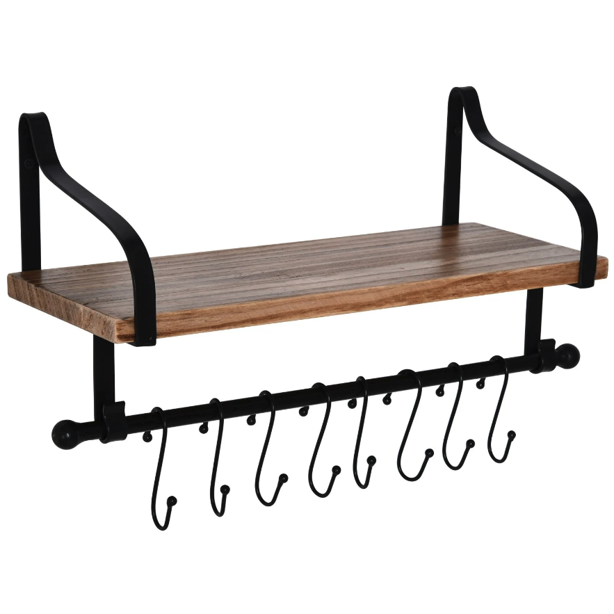 Nancy's Grayslake Wandplank - Zwevende Plank - Keukenplank - 8 Haken - Massief Hout - Bruin - Zwart - 48 x 18.5 x 21 cm