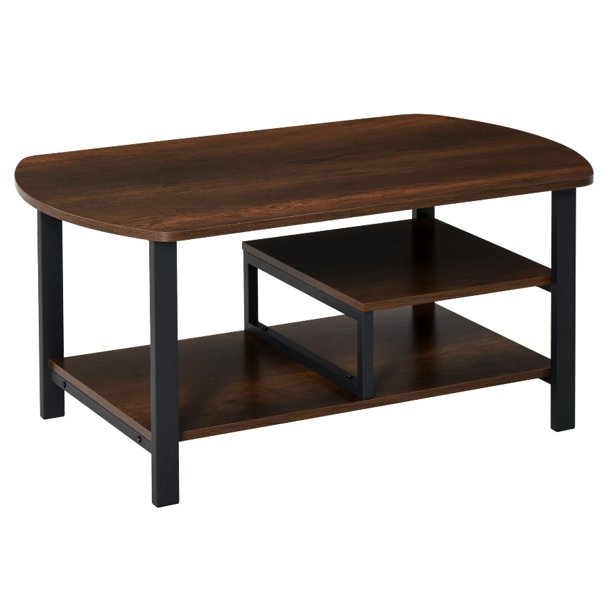Nancy's Newington Salontafel - Koffietafel - 3 Niveaus - Opbergruimte - Industrieel - Bruin - Bewerkt Hout - Staal - 100 x 60 x 46 cm