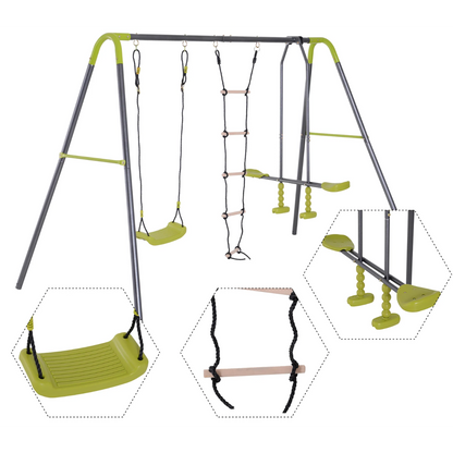Nancy's Burien Tuinschommel - Kinderschommel - Klimtouwladder - Wip - Vanaf 3 Jaar - Zwart - Groen -  215/295 x 138 x 175 cm