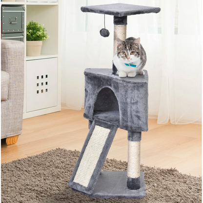 Nancy's Woodhaven Krabpaal - Kattenboom - Kattenhuis - Grot - Grijs - Beige - Bewerkt Hout - Pluche -  40 x 40 x 98 cm