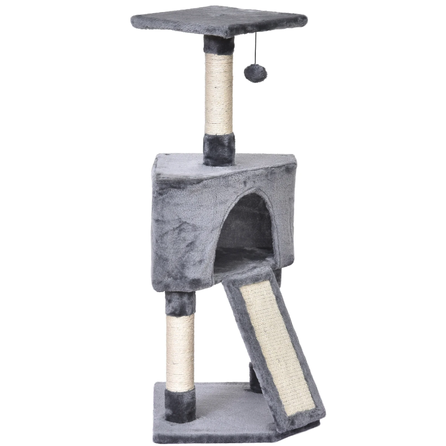 Nancy's Woodhaven Krabpaal - Kattenboom - Kattenhuis - Grot - Grijs - Beige - Bewerkt Hout - Pluche -  40 x 40 x 98 cm