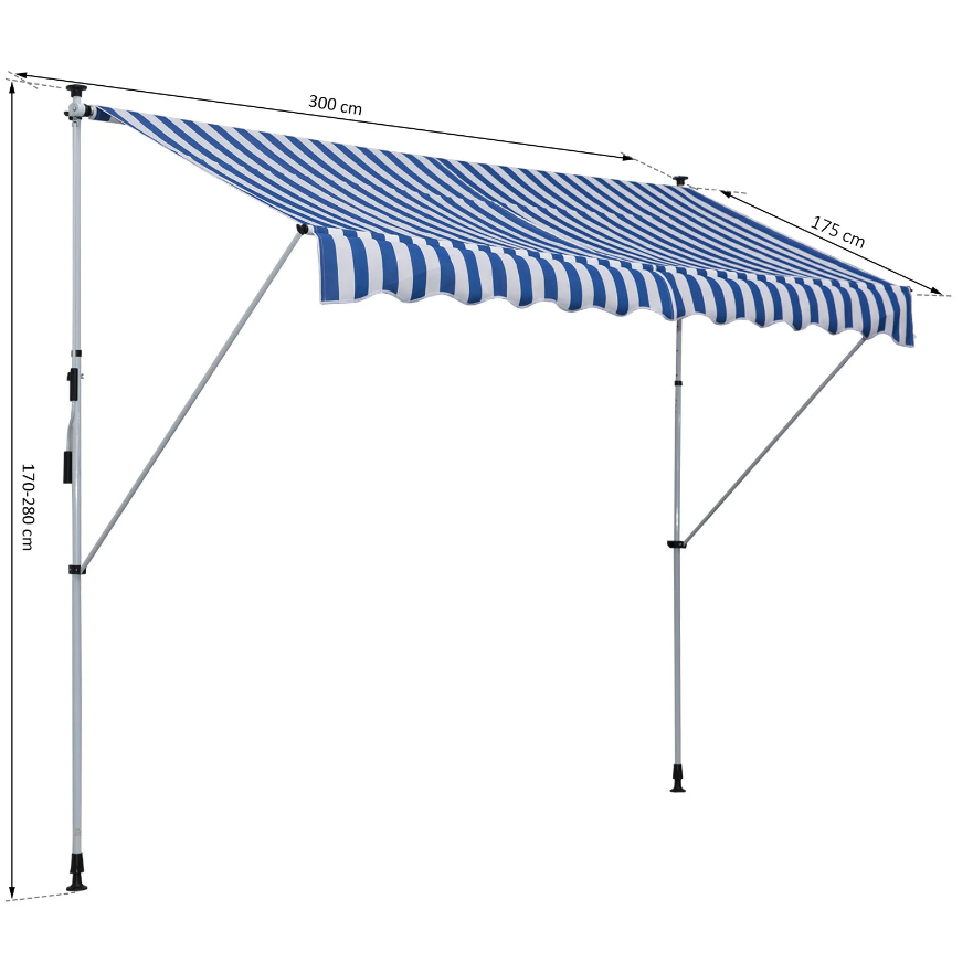 Auvent Nancy's Gatesville - Protection solaire - Bras articulé - Manivelle - Aluminium - Bleu/Vert - Blanc - 300 cm de large