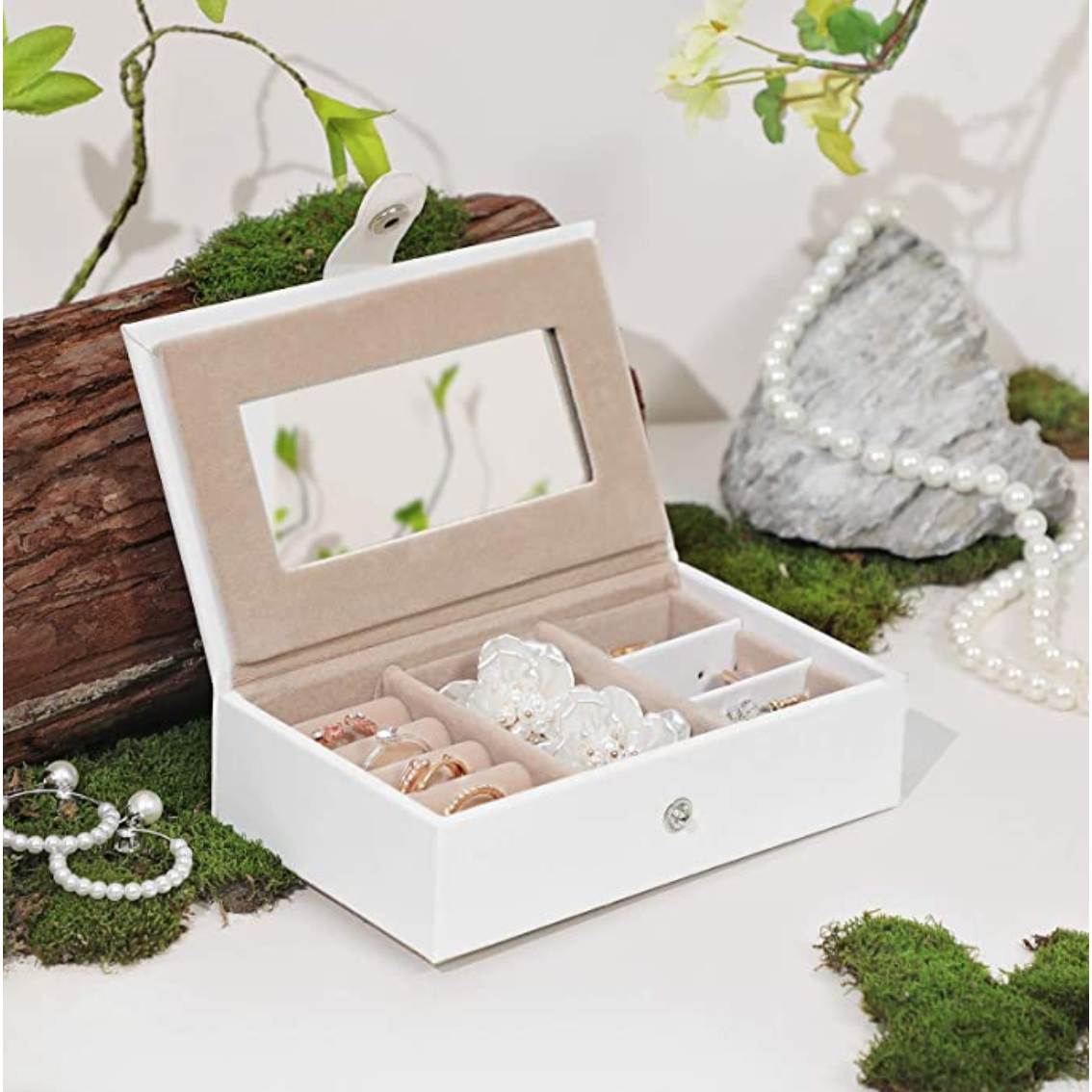 Boîte à bijoux Nancy's Burleigh - Boîte à bijoux - 2 tiroirs - Verrouillable - Miroir - Bagues - Bracelets - Boucles d'oreilles - Blanc - Rose - 26 x 18 x 17 cm