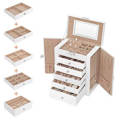 Nancy's Burnaby Sieradendoos - Juwelendoos - 6 Niveaus - Scharnieren - Spiegel - Slot - Ringen - Oorbellen - Armbanden - Zwart - 26 x 15,5 x 32 cm