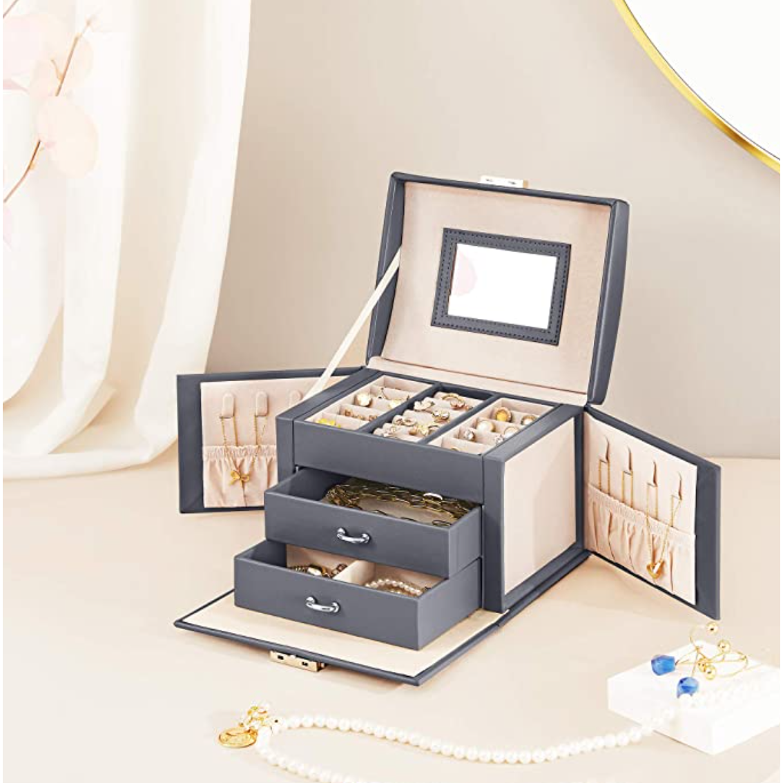 Nancy's Burnbrae Jewelry Box - Jewelry Storage - Portable - Lockable - 2 Drawers - Mirror - Key - Gray - 17.5 x 13.5 x 12 cm